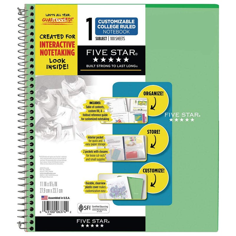Five Star Interactive Notetaking, 1 Subject, College Ruled Spiral Notebook, 100 Sheets, 11" x 8-1/2", Customizable, Green (06374AQ8) - Image 2